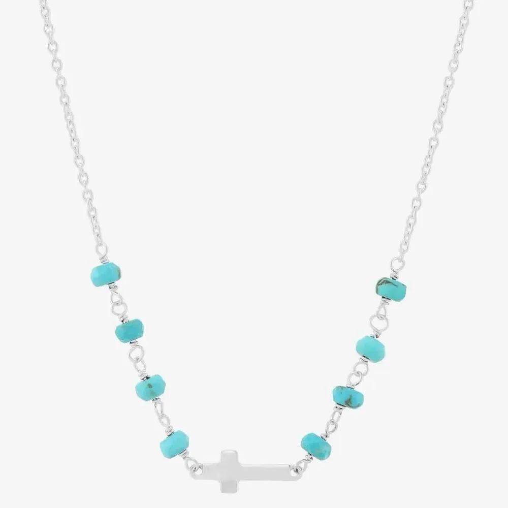Faceted Turquoise Sideways Cross Necklace Silver Rosary Style Beaded Chain Boho